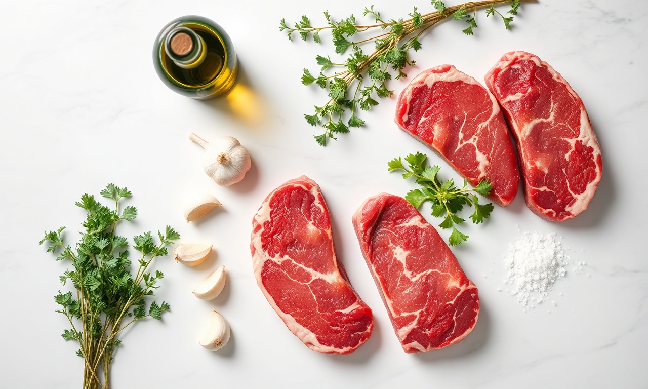 Vista de cima dos ingredientes frescos organizados sobre superfície de mármore.