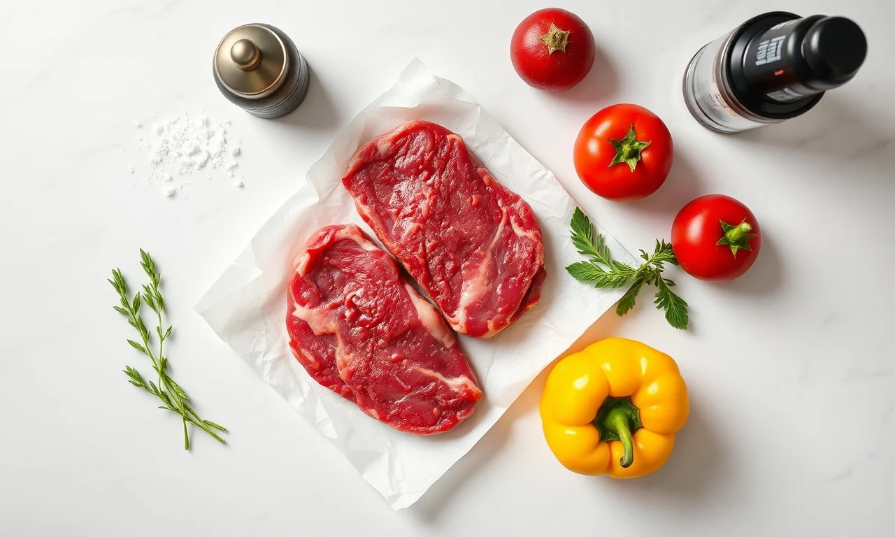 Como Fritar Carne Sem Óleo: Suculenta E Crocante Em 20 Min 4 Vista de cima dos ingredientes frescos e organizados.