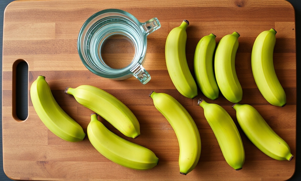Bananas verdes e firmes com casca, prontas para o cozimento.