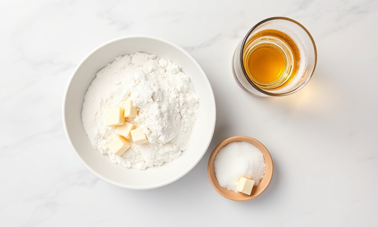 Vista de cima dos ingredientes principais: farinha, manteiga gelada em cubos, cerveja clara, açúcar e sal.