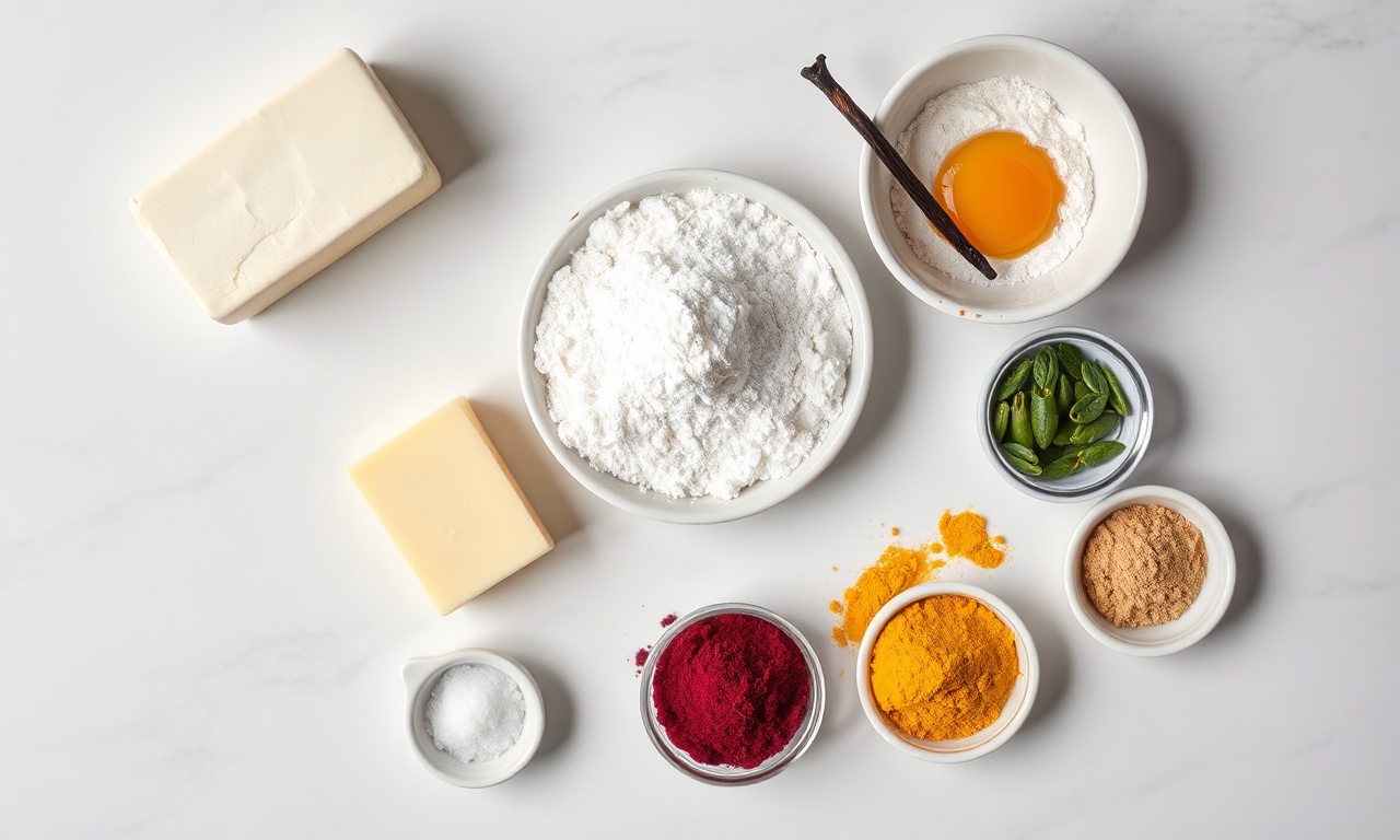 Vista de cima dos ingredientes organizados em tigelas e potes.