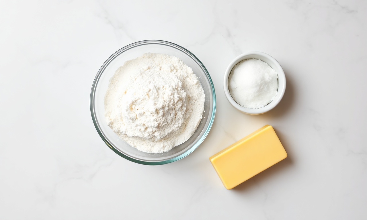 Vista de cima dos três ingredientes: farinha, açúcar e manteiga.