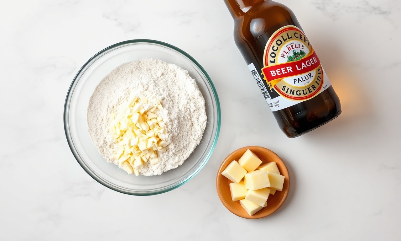 Vista de cima dos ingredientes principais: farinha, parmesão, manteiga e cerveja.