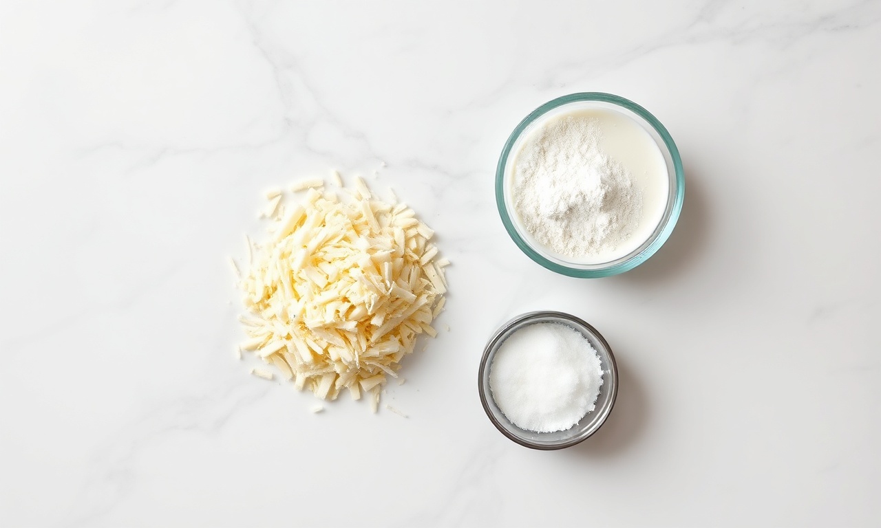 Vista de cima dos 4 ingredientes simples: queijo, nata, farinha e sal.