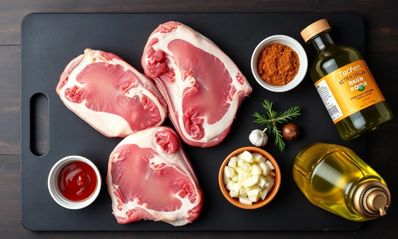 Vista de cima dos ingredientes frescos e molhos organizados sobre superfície de madeira.