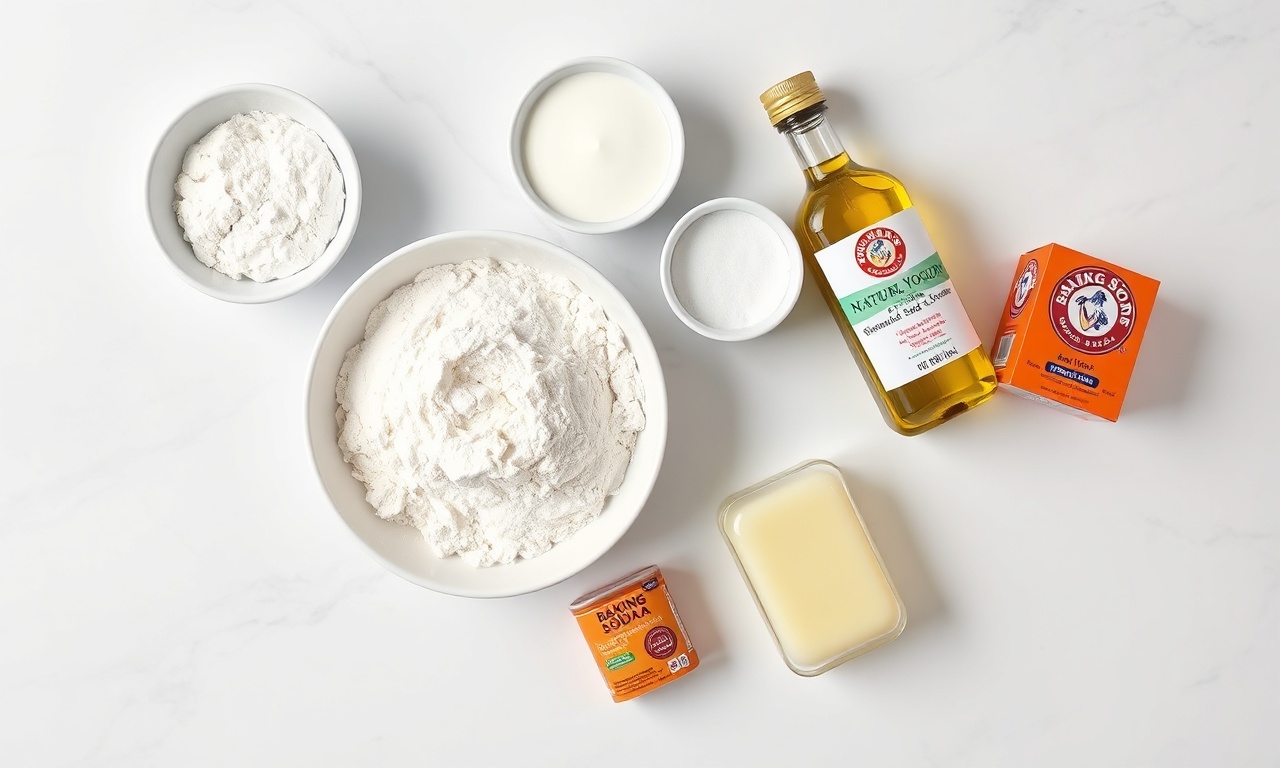 Vista de cima dos 5 ingredientes organizados em superfície clara.