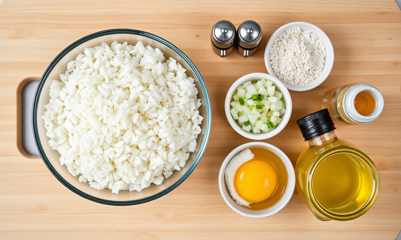 Vista de cima dos ingredientes organizados sobre uma superfície de madeira.