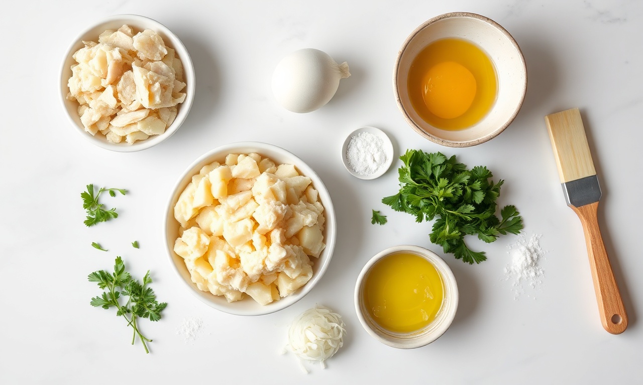 Bolinho De Bacalhau Na Airfryer: Fácil E Crocante Sem Óleo 4 Ingredientes frescos e preparados, vistos de cima.