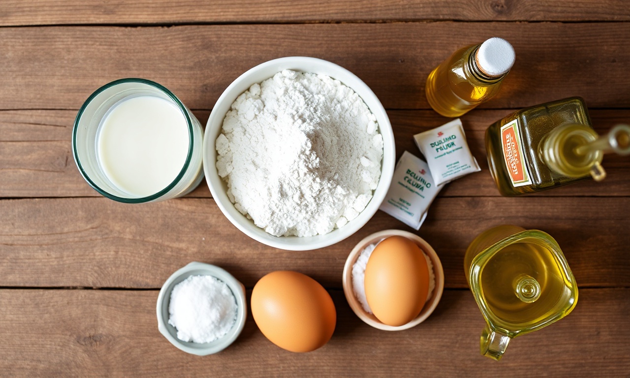 Ingredientes básicos como farinha, ovos, leite e açúcar organizados sobre uma superfície de madeira.