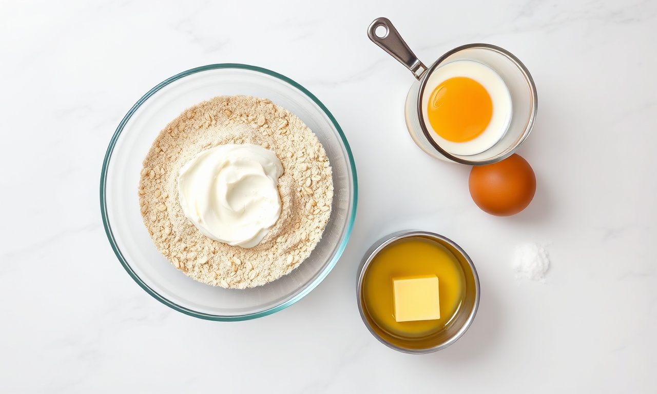 Bolinho De Iogurte Sem Açúcar: Fofinho Em 30 Min Com 5 Ingredientes 4 Vista de cima dos 5 ingredientes principais organizados.