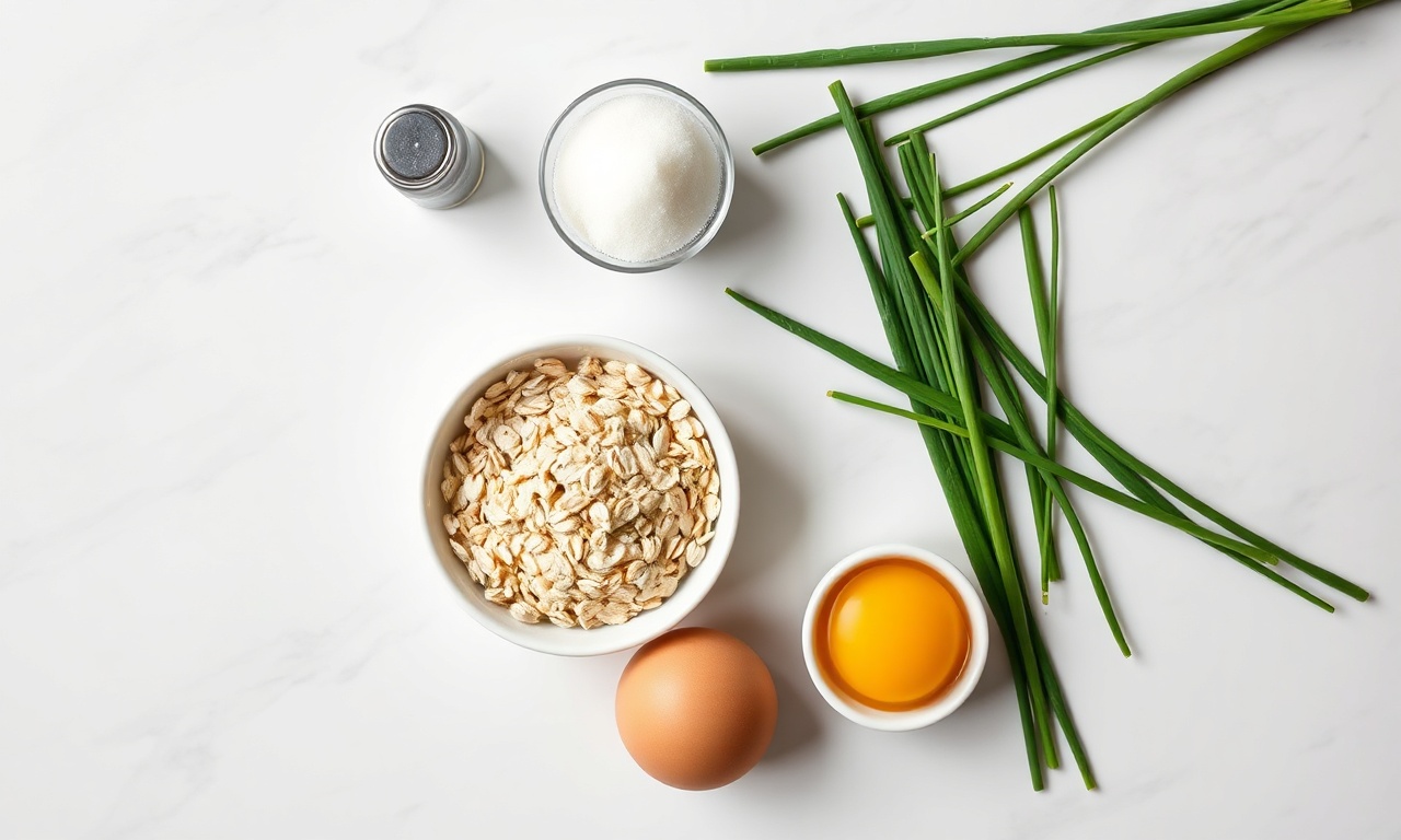 Vista de cima dos 5 ingredientes simples: ovos, aveia, fermento, sal e cebolinha.