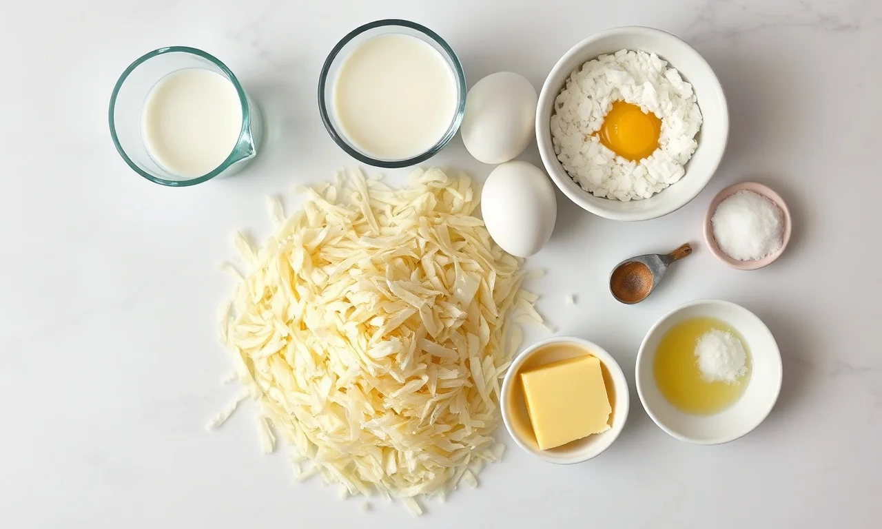 Vista de cima dos ingredientes organizados: aipim ralado, ovos, leite, coco ralado e açúcar.
