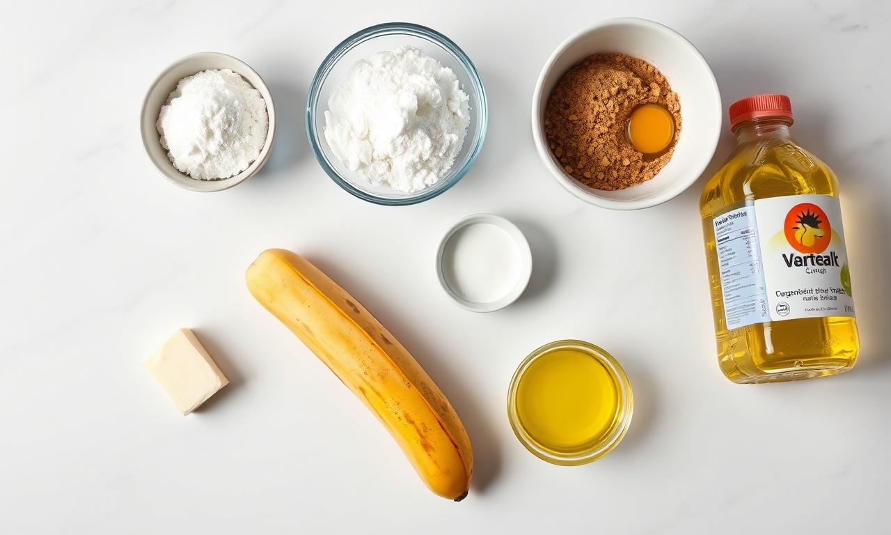 Vista de cima dos ingredientes organizados: bananas maduras, manteiga, ovos, farinha, açúcar mascavo e comum.