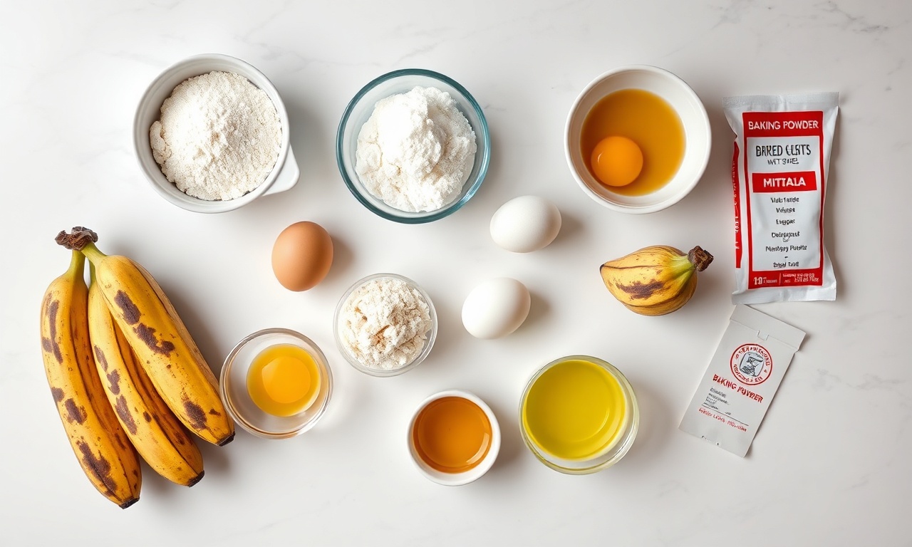 Vista de cima dos ingredientes organizados: bananas maduras, farinha de rosca, ovos, açúcar, óleo e fermento.