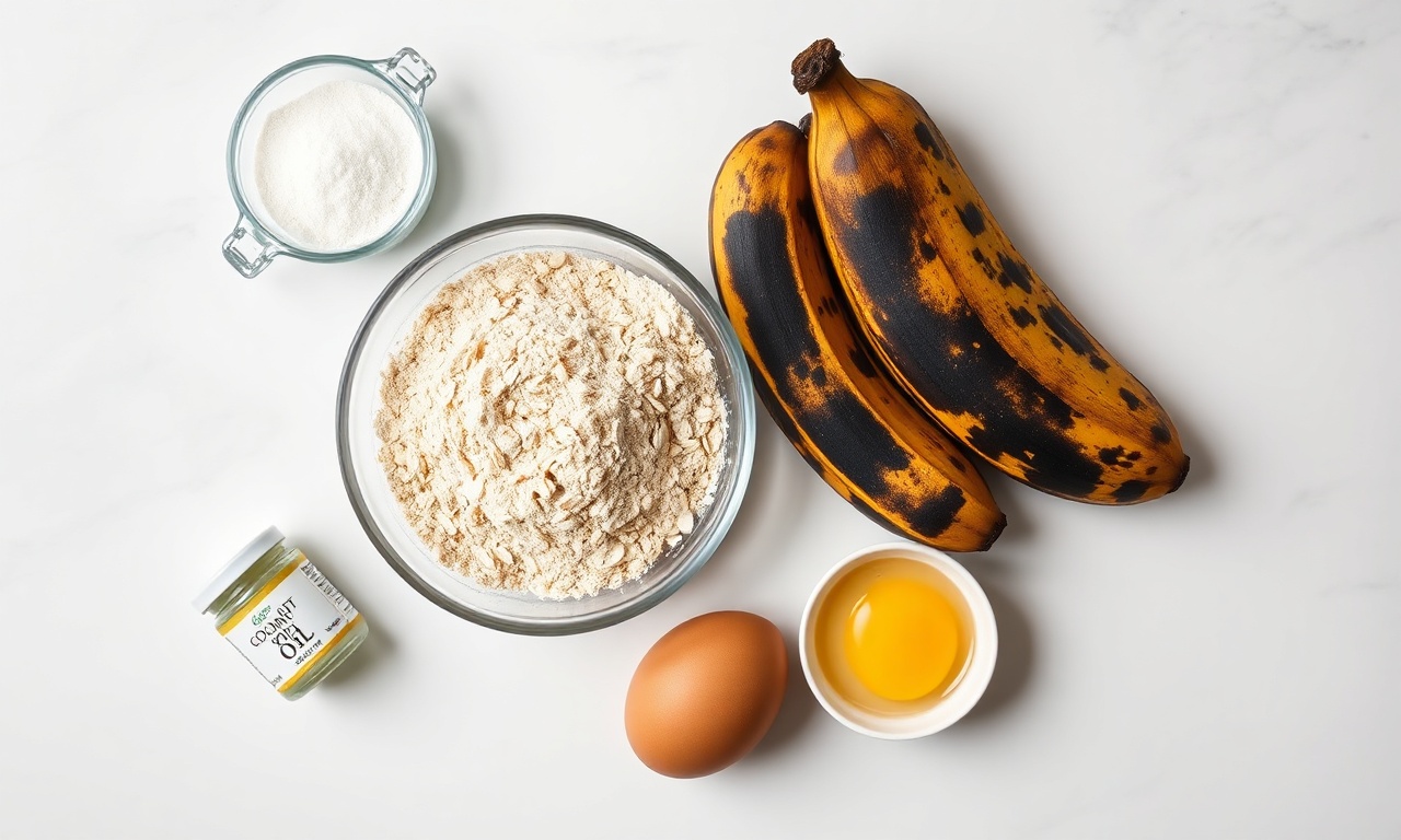 Vista de cima dos ingredientes principais: aveia, bananas maduras, ovos, óleo de coco e açúcar.