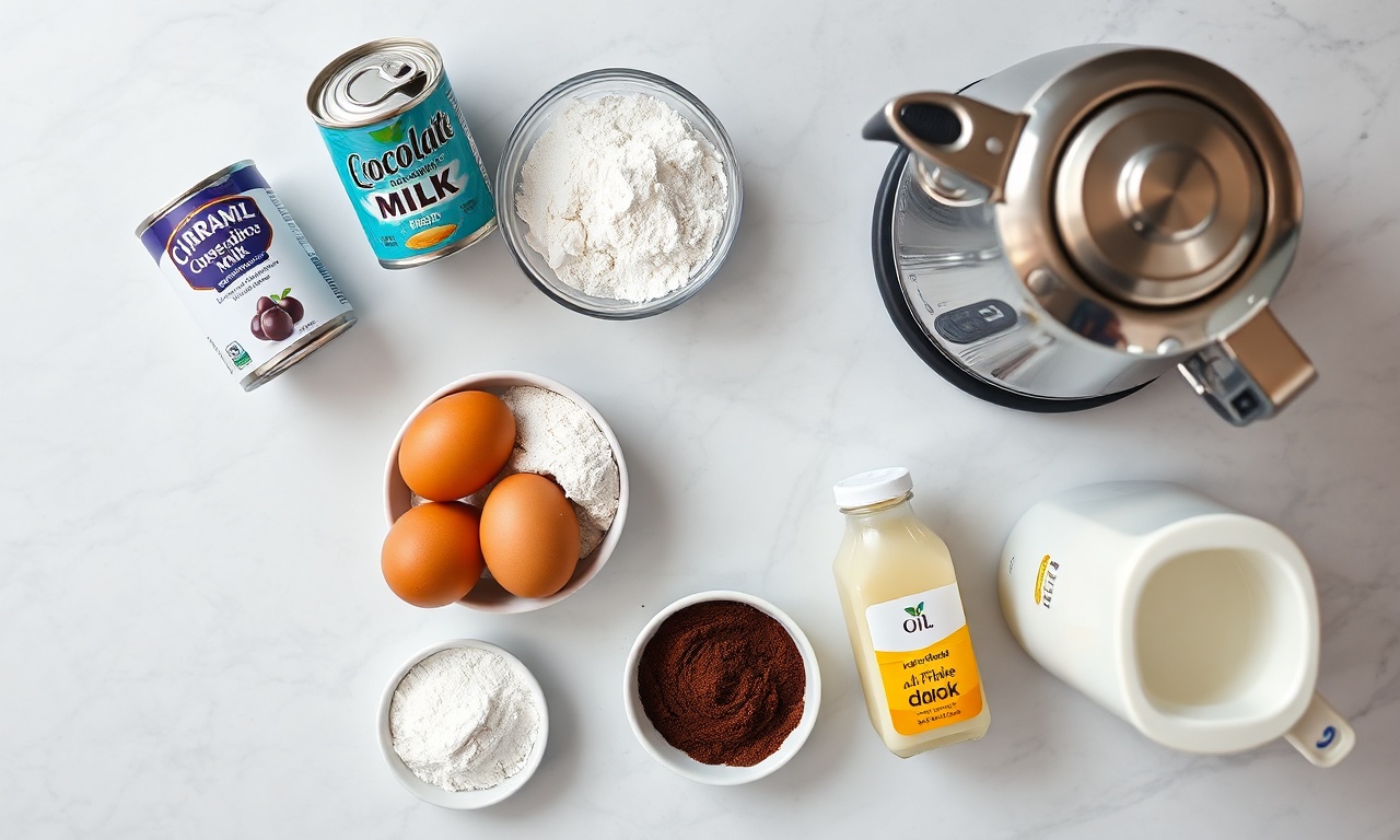 Bolo De Brigadeiro Fofinho E Úmido: Receita Fácil Em 50 Min 4 Vista de cima dos ingredientes organizados: leite condensado, ovos, cacau em pó, farinha, óleo.