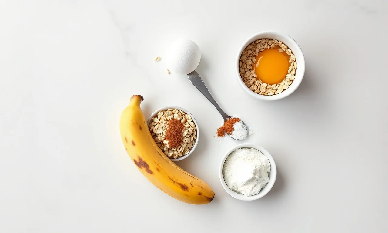 Vista de cima dos cinco ingredientes da receita: banana madura, aveia, ovo, canela e fermento.