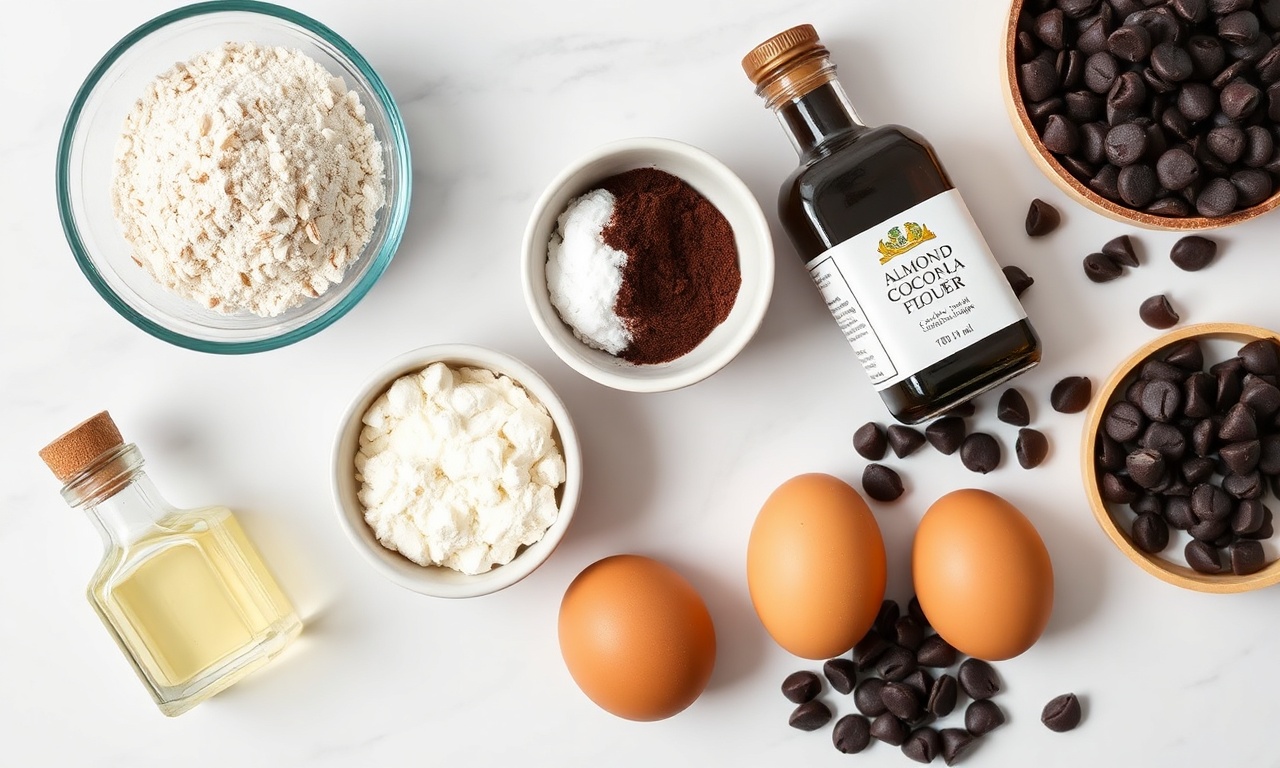 Bolo De Chocolate Com Farinha De Amêndoas: Úmido E Sem Glúten 4 Vista de cima dos ingredientes organizados em uma superfície de mármore.