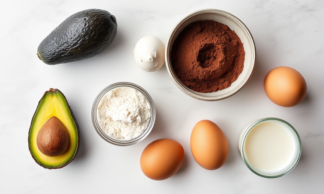 Vista de cima dos ingredientes principais: abacate maduro, cacau em pó, farinha integral, ovos, leite e açúcar de coco.