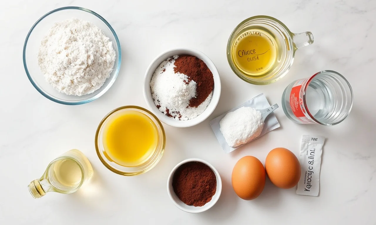 Vista de cima dos sete ingredientes organizados: farinha de arroz, cacau, açúcar, óleo, ovos, fermento e água.
