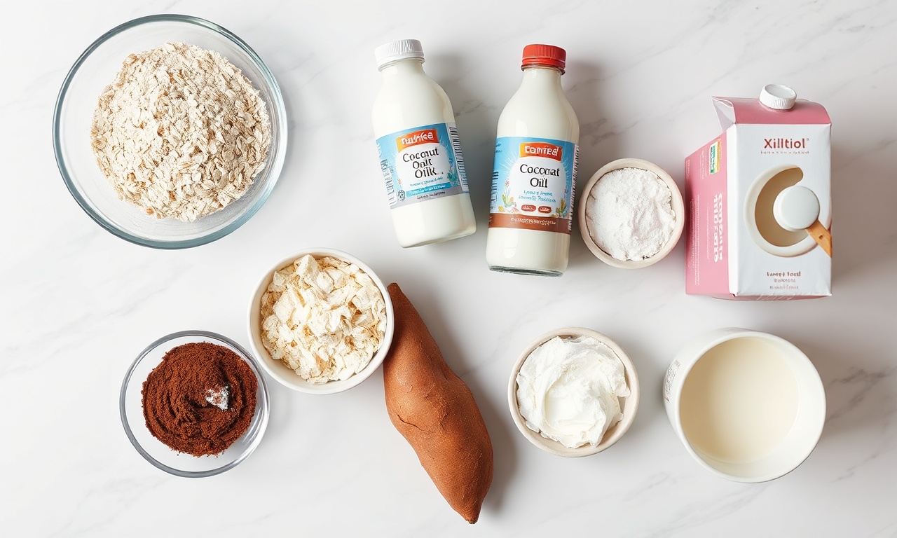 Vista de cima dos ingredientes veganos e sem glúten organizados sobre uma superfície clara.