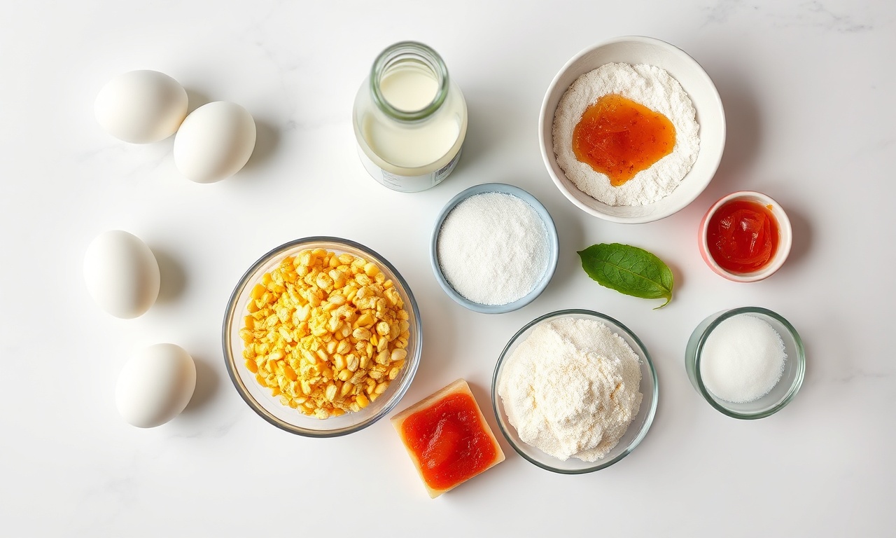 Vista de cima dos ingredientes organizados: ovos, leite, óleo, fubá, farinha, goiabada e açúcar.