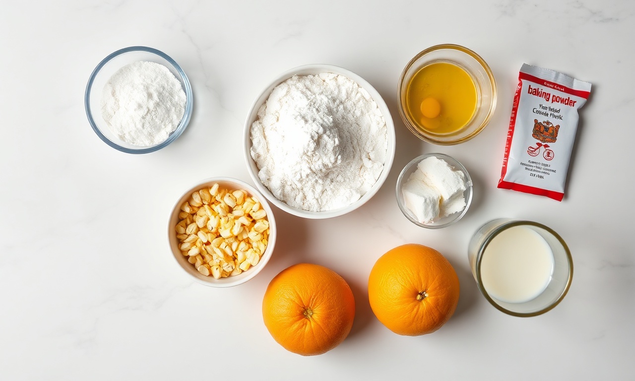 Vista de cima dos 8 ingredientes organizados: laranjas inteiras, ovos, fubá, farinha, etc.