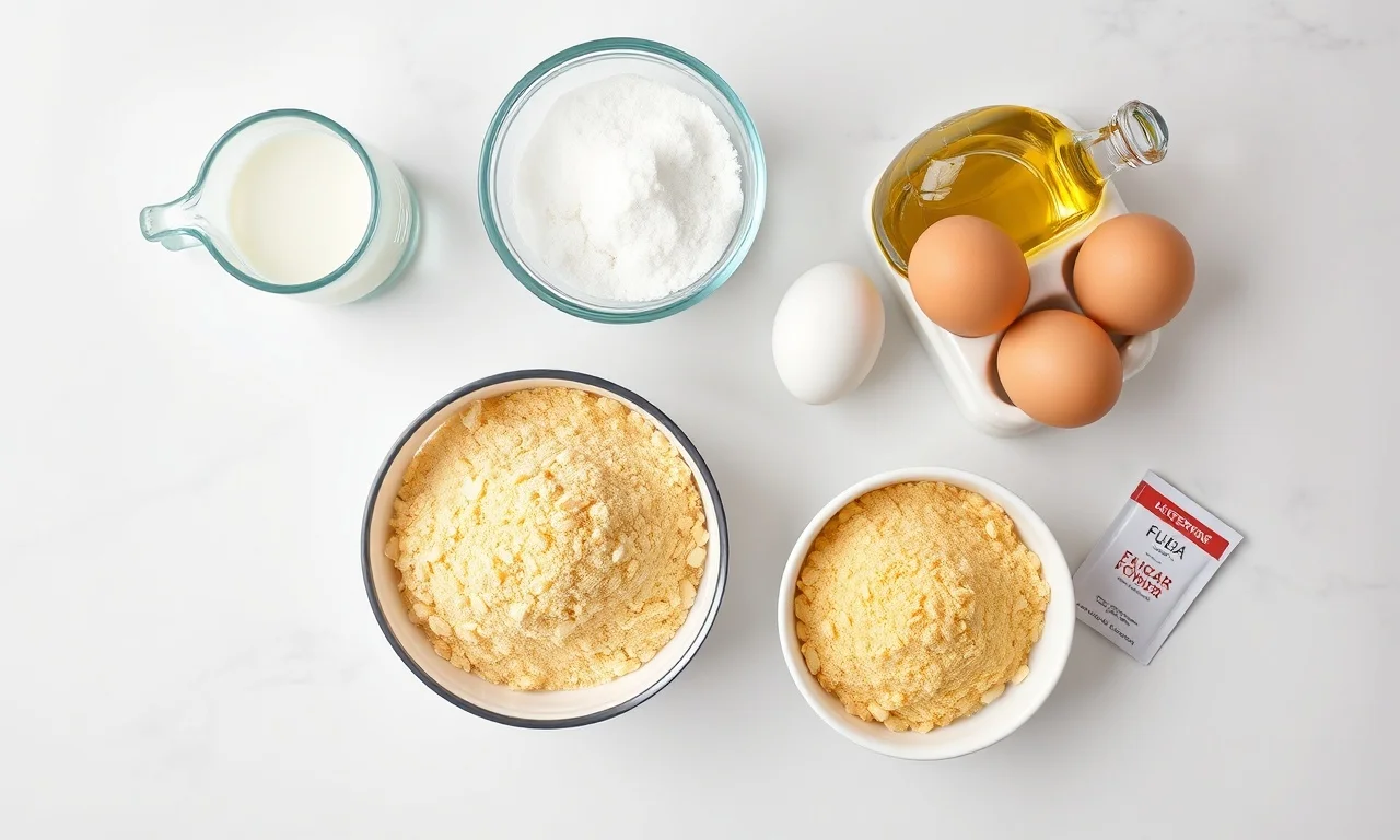 Vista de cima dos 6 ingredientes principais: leite, açúcar, óleo, ovos, fubá e fermento.