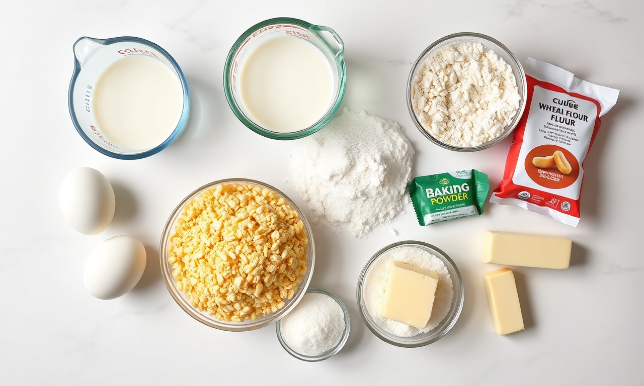 Vista de cima dos ingredientes organizados sobre superfície de mármore.