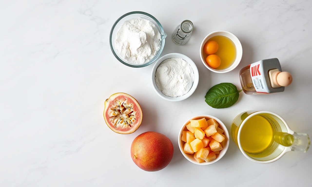 Vista de cima dos ingredientes organizados: goiabas frescas, polpa, ovos, farinha, açúcar.