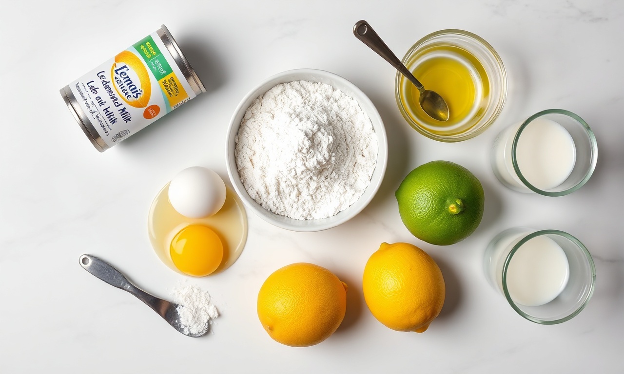 Bolo De Leite Condensado Com Limão: Fofinho E Cítrico Em 50 Min 4 Vista de cima dos ingredientes organizados: leite condensado, ovos, farinha, limões e óleo.