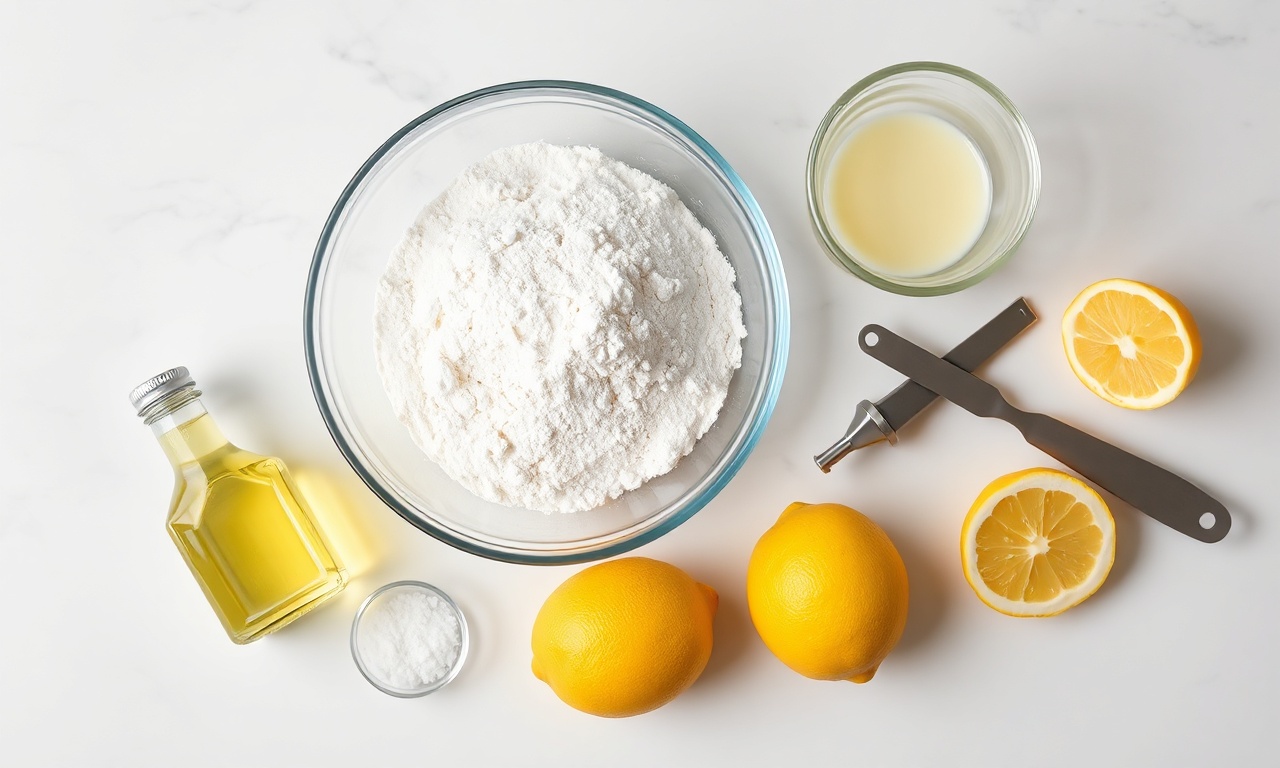 Bolo De Limão Com Cobertura Cremosa: Fofinho E Perfeito 4 Vista de cima dos ingredientes organizados sobre superfície clara.