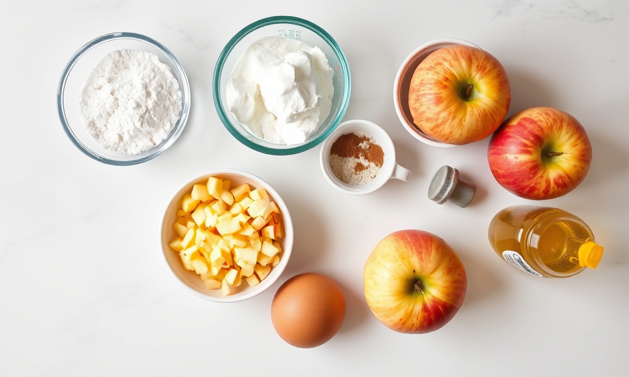 Bolo De Maçã Com Canela Fofinho E Úmido Em 50 Minutos 4 Vista de cima dos ingredientes organizados sobre superfície clara