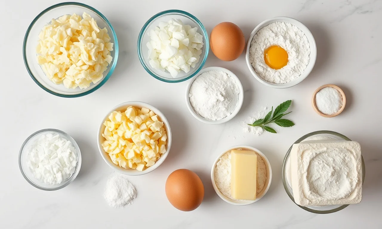 Vista de cima dos ingredientes organizados em superfície de mármore.