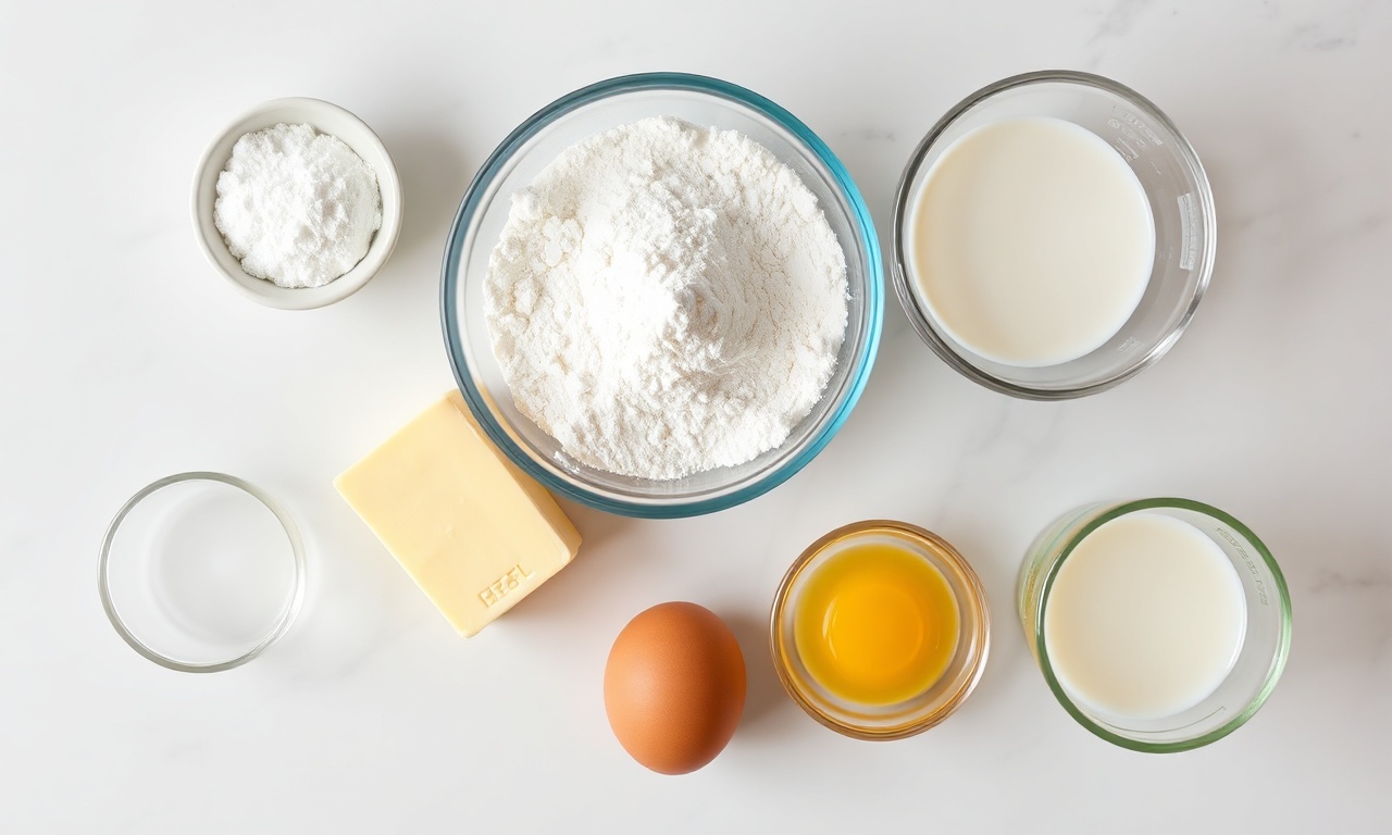 Vista de cima dos ingredientes medidos e organizados: manteiga, ovos, farinha, leite, etc.