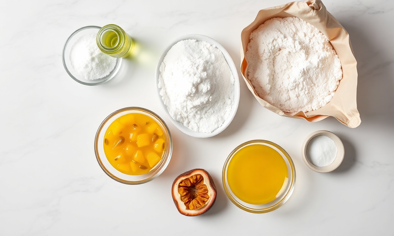Bolo De Maracujá Fofinho E Úmido: Receita Fácil De 45 Min 4 Vista de cima dos ingredientes organizados na bancada.