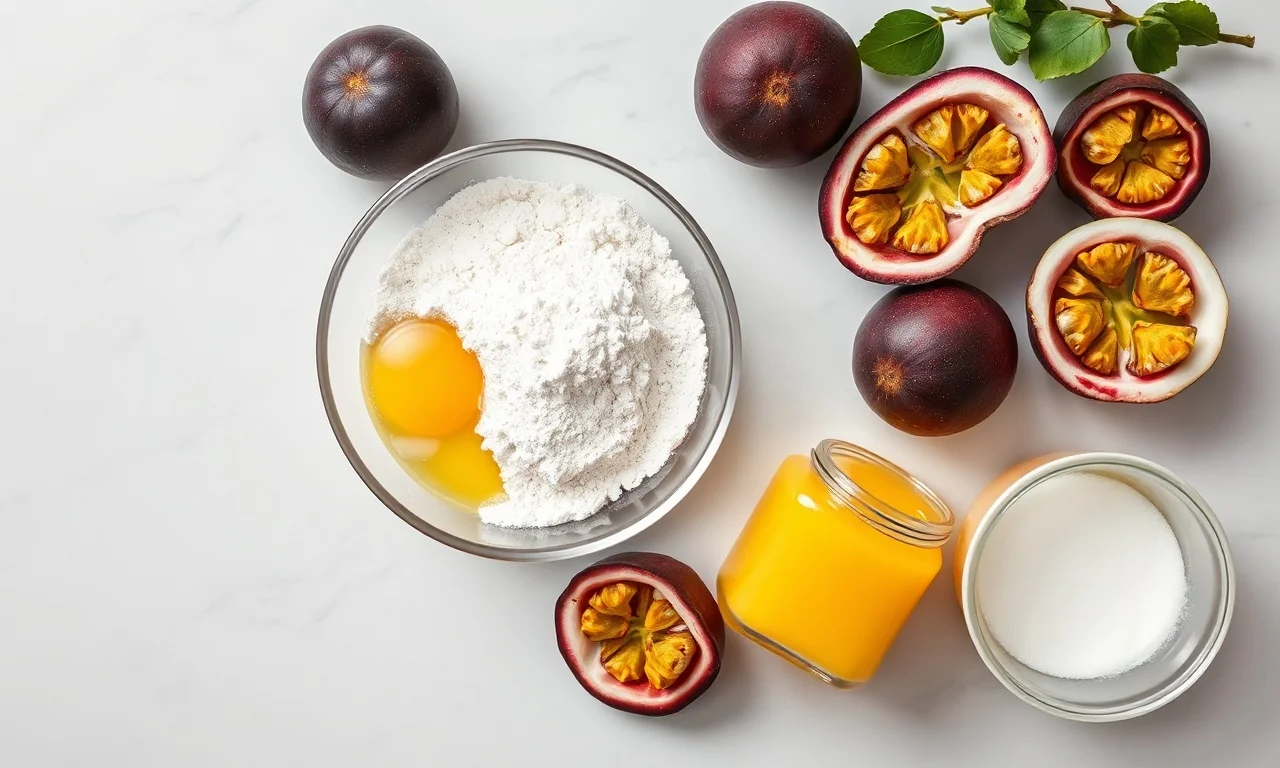Ingredientes frescos como maracujá, ovos e farinha organizados