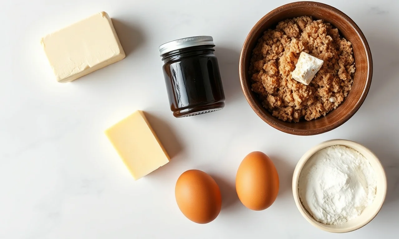 Vista de cima dos ingredientes organizados: manteiga, melado escuro, ovos, açúcar mascavo e farinha.