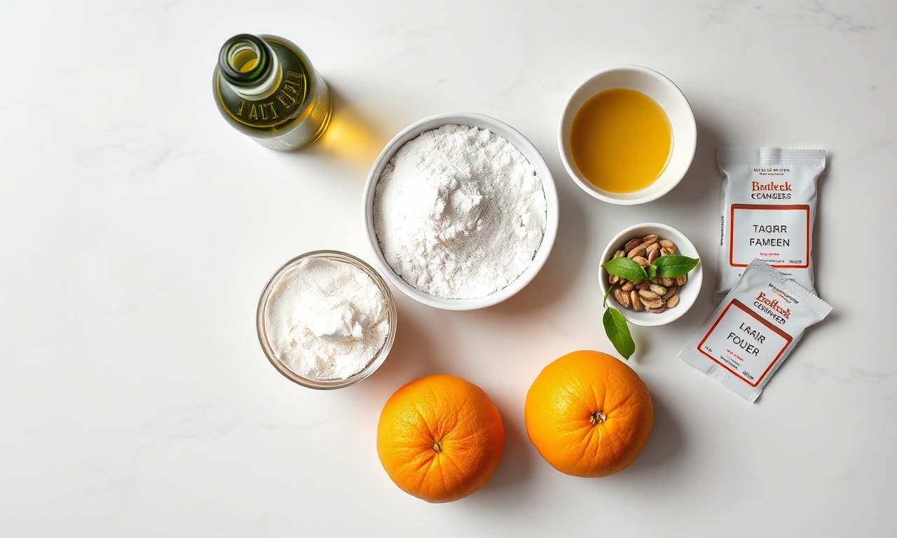 Vista de cima dos ingredientes organizados sobre uma superfície de mármore.