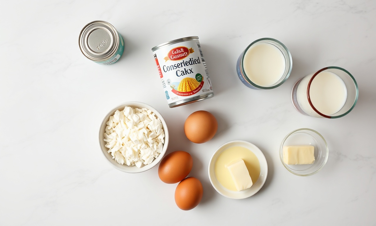 Vista de cima dos ingredientes organizados em superfície clara.