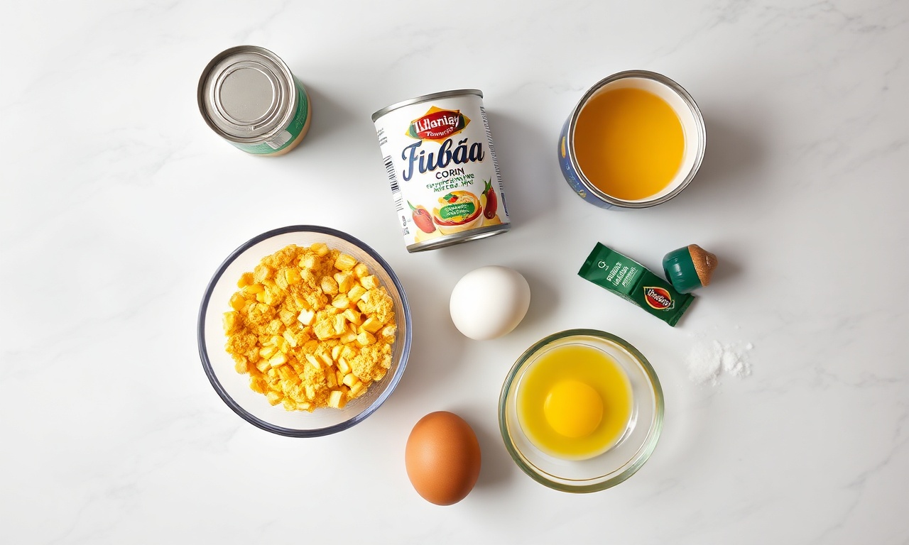Vista de cima dos ingredientes organizados: milho em lata, fubá, leite condensado, ovos, óleo, fermento e sal.