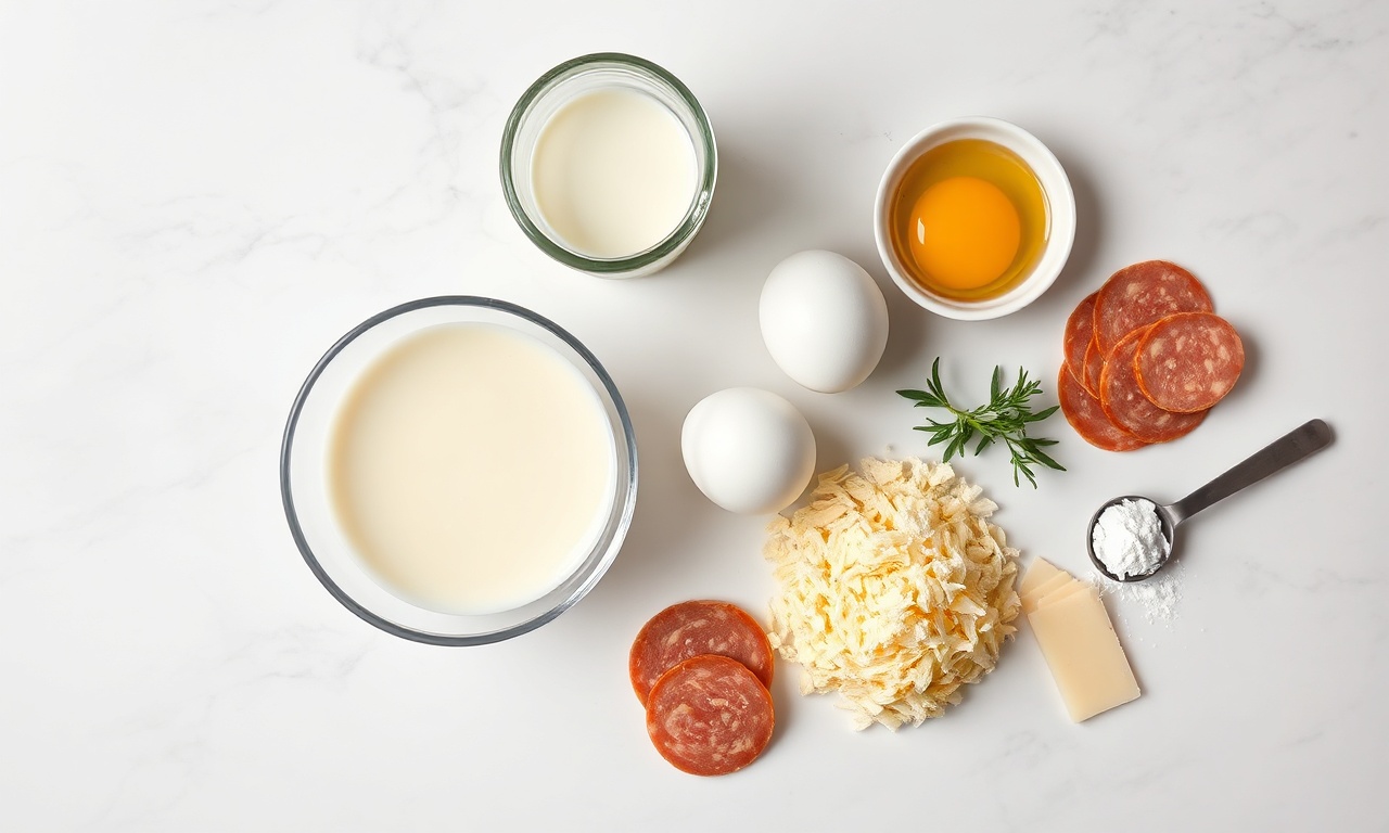 Vista de cima dos ingredientes organizados em uma superfície de mármore.