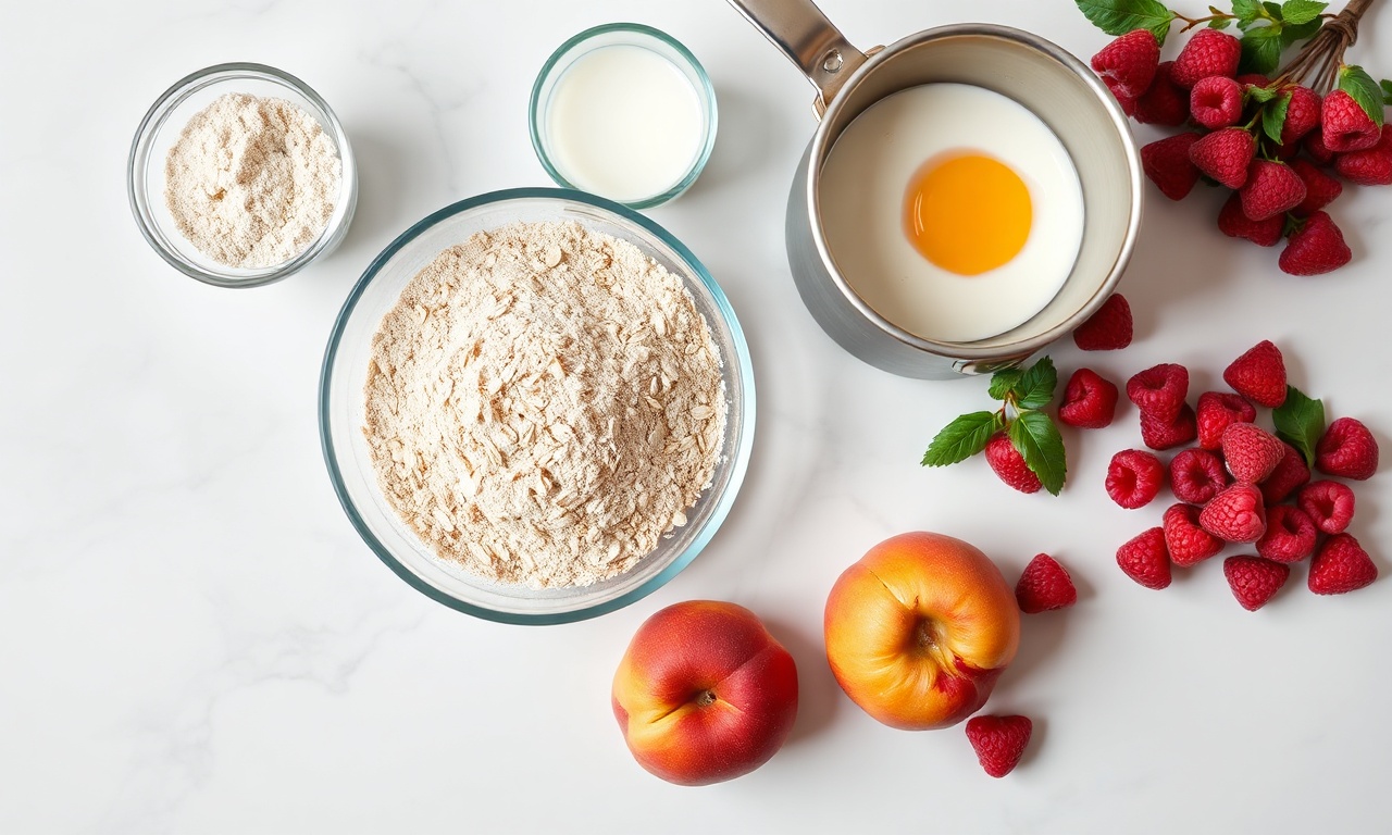 Bolo De Pêssego Fit Fofinho Com Framboesa E Iogurte 4 Vista de cima dos ingredientes saudáveis organizados sobre uma superfície de mármore.
