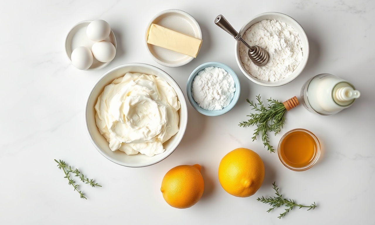 Vista de cima dos ingredientes organizados em uma superfície de mármore.