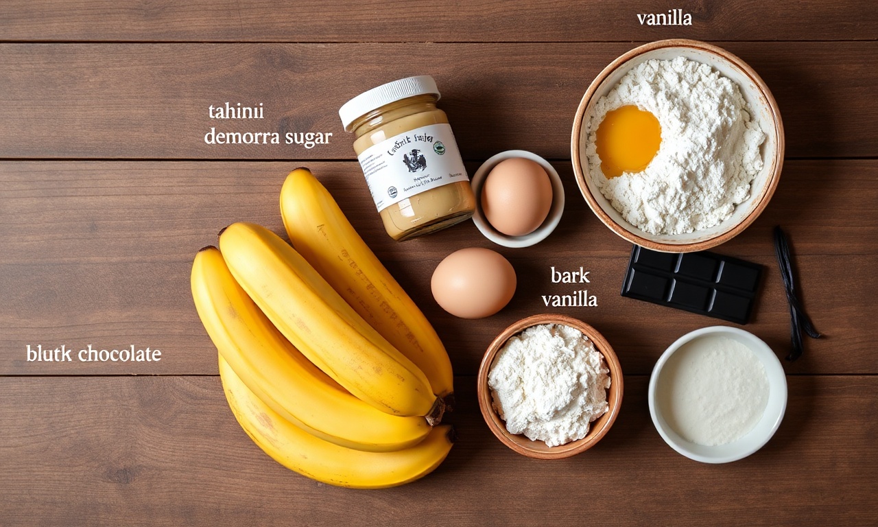 Bolo De Tahine Com Banana E Chocolate: Úmido E Fácil Em 45 Min 4 Vista de cima dos ingredientes organizados em uma bancada de madeira.