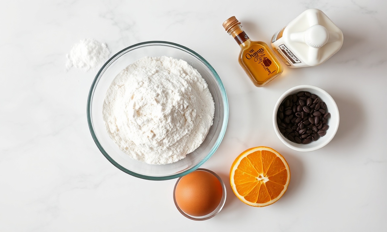Vista de cima dos ingredientes organizados sobre superfície de mármore.