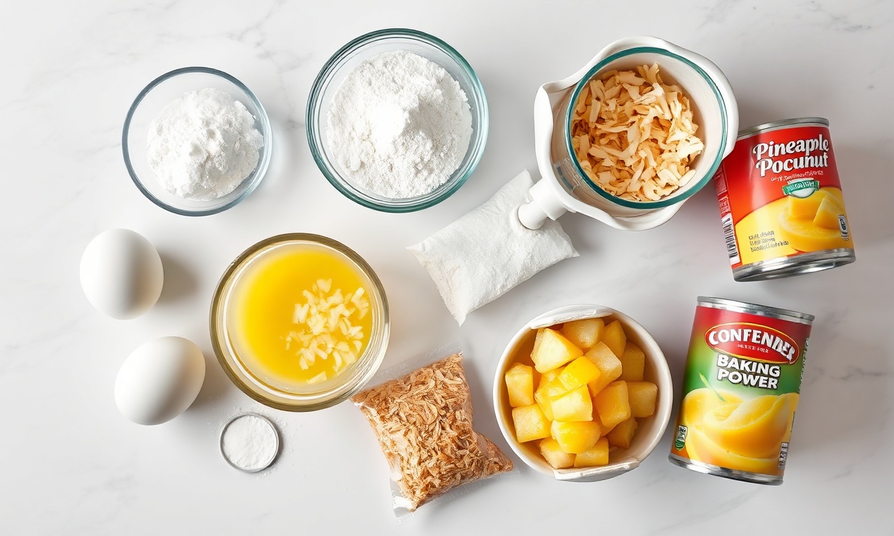 Bolo Gelado De Abacaxi E Coco: Fofinho E Refrescante 4 Vista de cima dos ingredientes organizados sobre superfície clara.