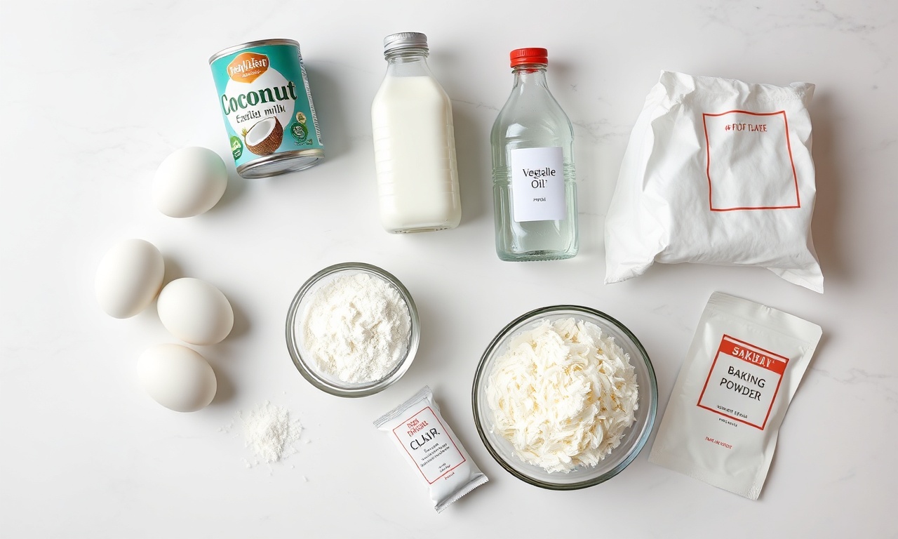 Vista de cima dos ingredientes organizados: ovos, leite de coco, leite integral, óleo, açúcar, farinha, coco ralado e fermento.