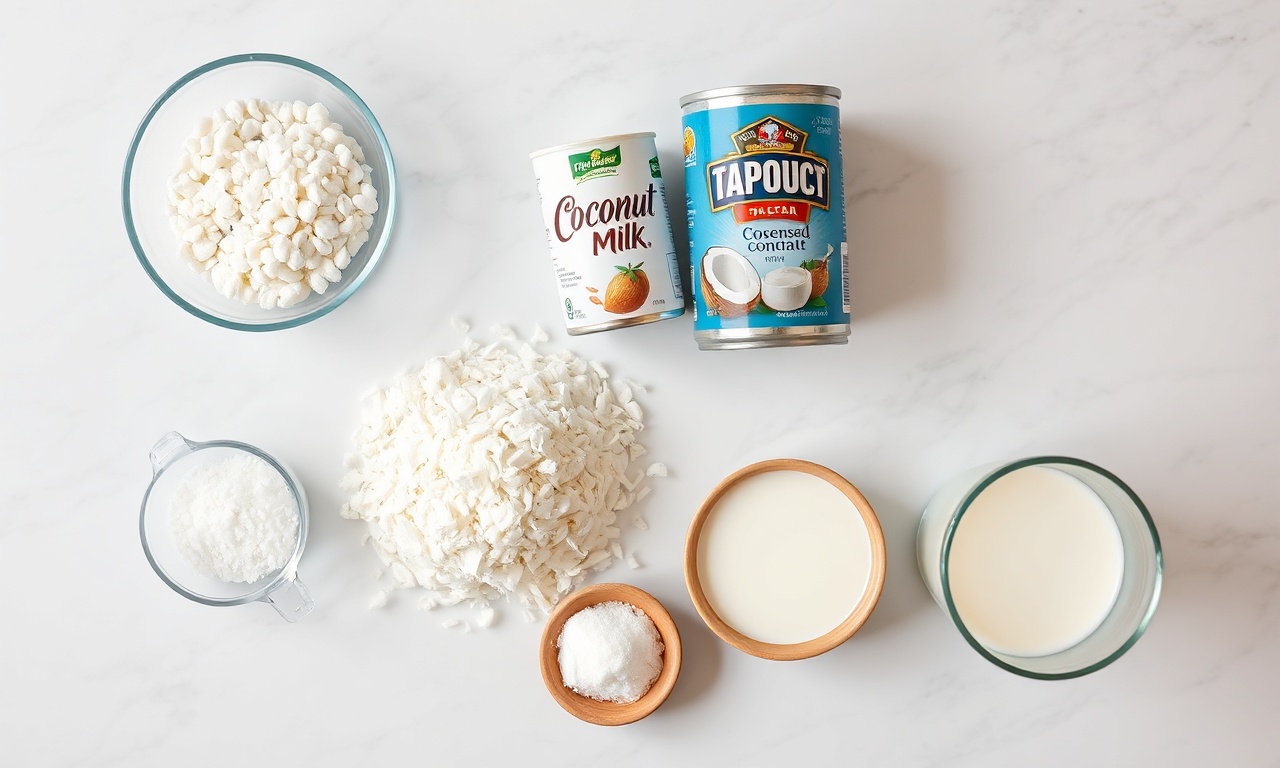 Vista de cima dos ingredientes organizados: tapioca, leite condensado, leite de coco, coco ralado, açúcar e leite.