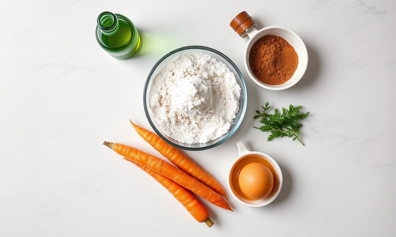 Bolo Mármore De Cenoura E Chocolate Fofinho Em 45 Min 4 Vista de cima dos ingredientes organizados: cenouras, ovos, farinha, cacau, óleo e açúcar.